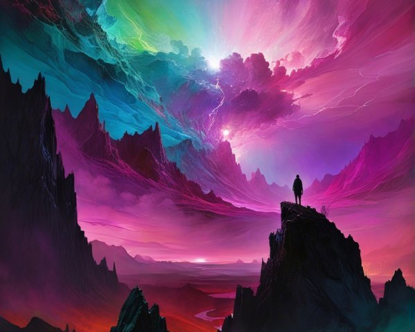 Solitary Figure on Mountain Peak Under Vibrant Sky