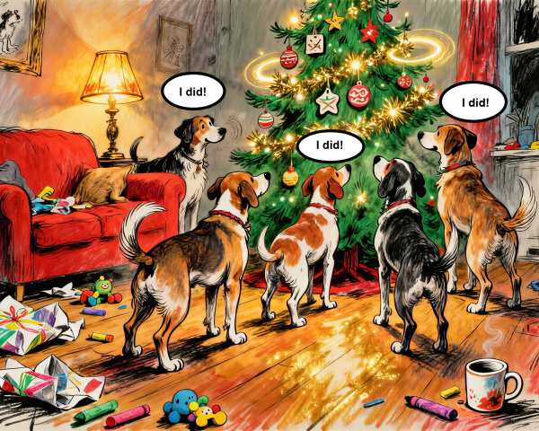Dogs in Living Room by Christmas Tree with Speech Bubbles