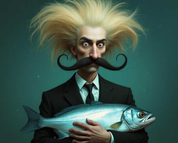 Quirky Character in Formal Suit with Large Fish