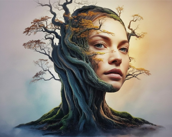 Surreal Fusion of Woman's Face and Tree Elements