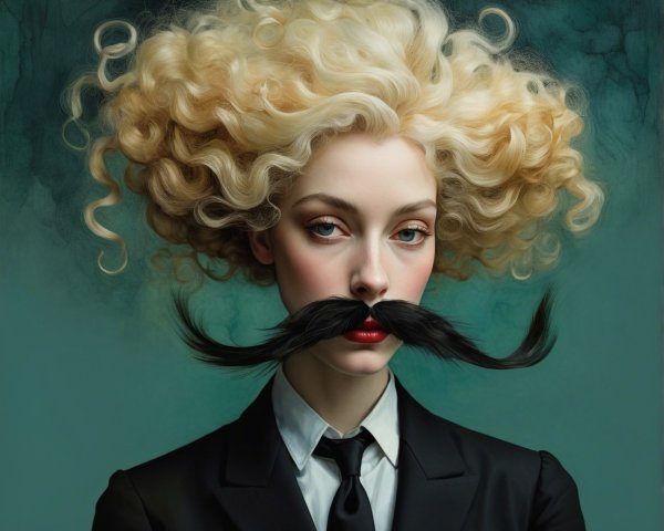 Sophisticated figure with curly blonde hair and suit