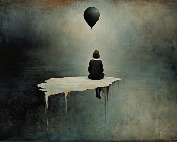 Solitary Figure on Ice Platform with Black Balloon