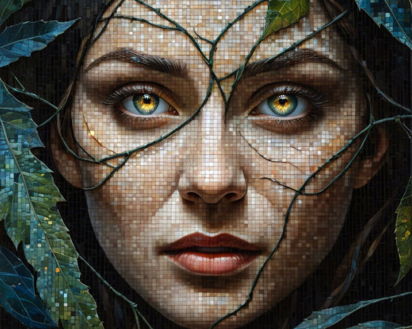 Portrait of a Woman Surrounded by Greenery and Texture