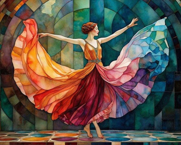 Dancer in Flowing Gown Amidst Stained Glass Patterns