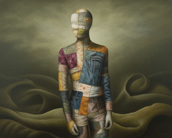 Faceless Figure in Colorful Patchwork Fabrics