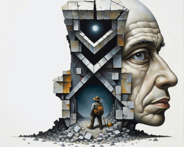 Large expressive face in fragmented stone artwork