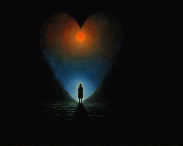 Solitary Figure in Heart-Shaped Opening at Sunset