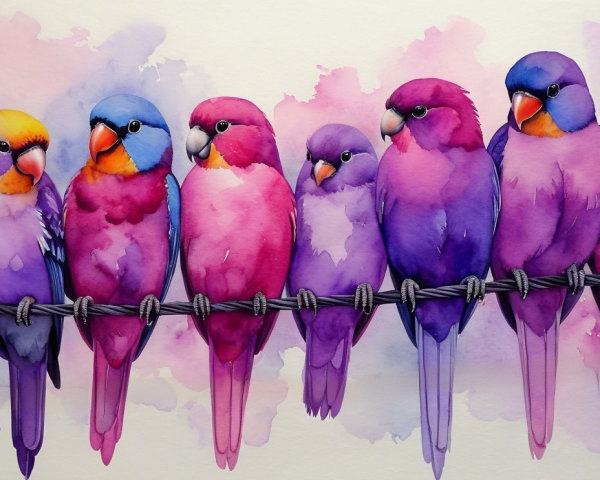 Colorful Birds on a Wire with Watercolor Textures