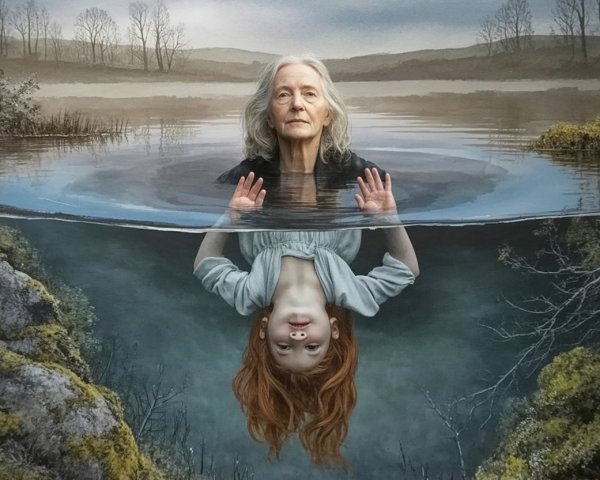 Elderly Woman and Young Girl in Ethereal Water Scene