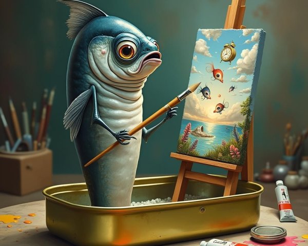 Whimsical Fish Painting in a Tin Can Scene