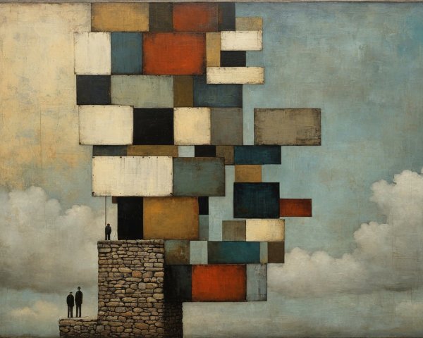 Surrealist Painting of Wooden Blocks on Stone Structure