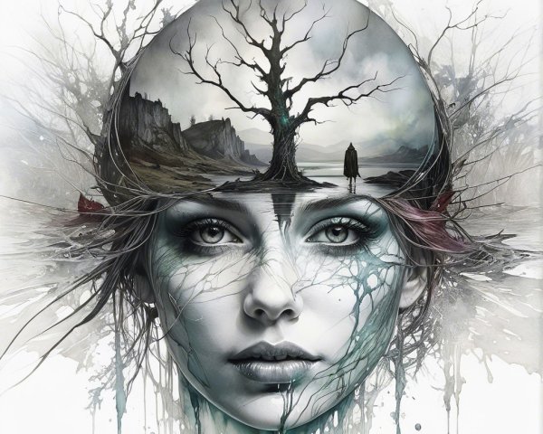 Surreal Female Portrait with Dreamlike Landscape Elements