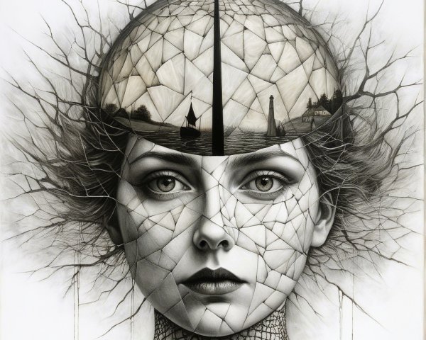 Surreal Portrait of a Woman with Geometric Designs
