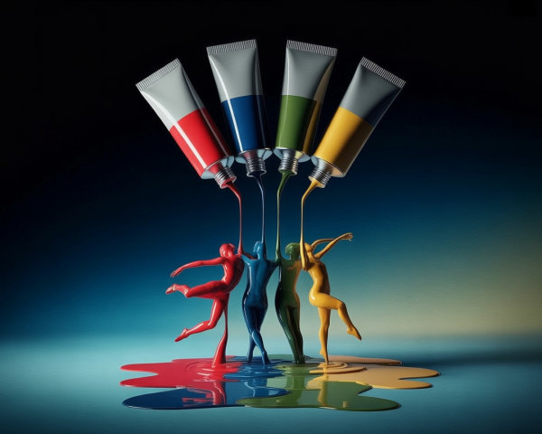 Vibrant Dancing Figures Pouring Paint in Colorful Scene