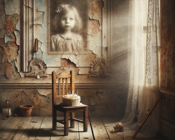 Decaying Room with Wooden Chair and Cake on Table