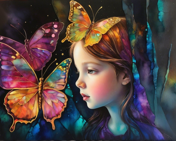 Vibrant Oil Painting of a Young Girl and Butterflies
