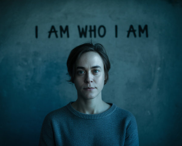 Woman in Sweater Against Textured Wall with Phrase