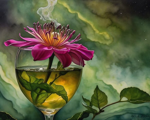 Pink Flower in Goblet with Green Liquid and Cosmic Background