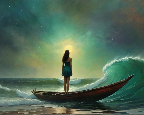 Young Woman on Boat in Vibrant Ocean Scene