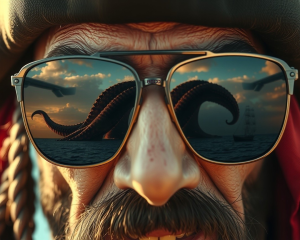 Close-up of a rugged pirate with sunglasses and octopus
