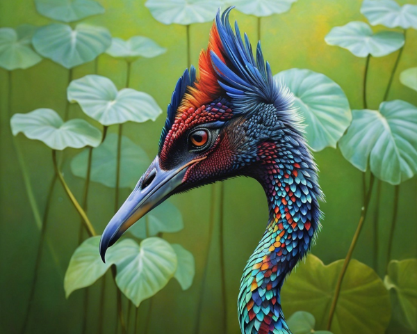 Vividly Colored Bird with Intricate Plumage and Foliage
