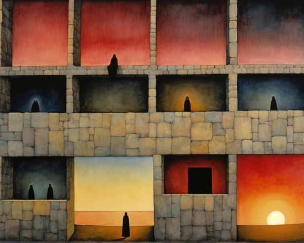 Stone Structures Under Sunset with Silhouetted Figures