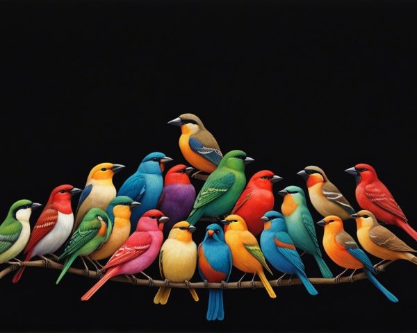 Multicolored Birds Perched on Branch Against Black Background