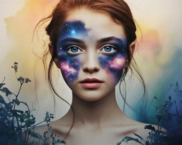 Young woman with cosmic face paint and foliage backdrop