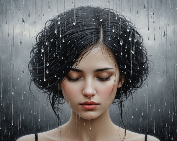Close-Up of Serene Young Woman in Rainy Atmosphere