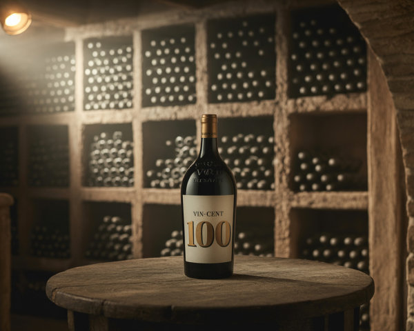 Vin-Cent 100 Bottle on Rustic Table in Stone Cellar