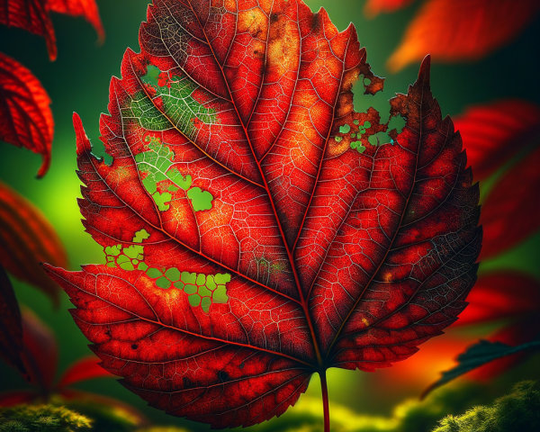 Vibrant Red Leaf with Green Background and Foliage
