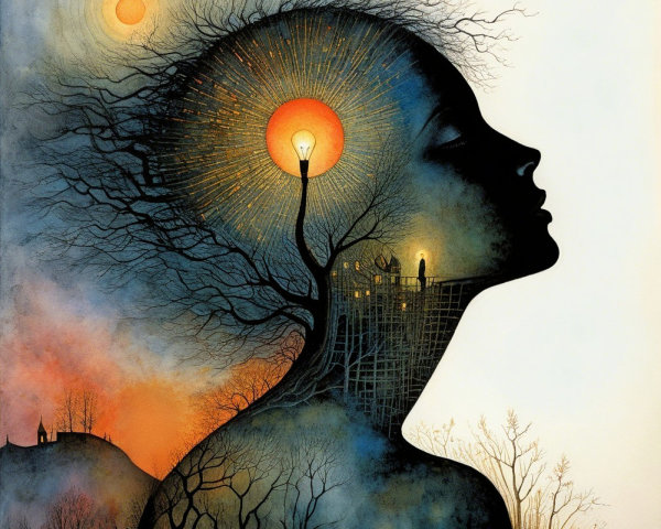 Silhouette of Woman with Tree and Vibrant Suns