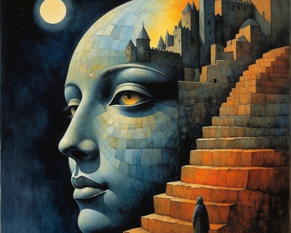 Serene Stone Face in Moonlit Landscape with Castle