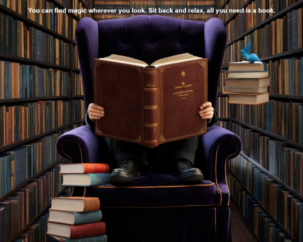 Cozy reading nook with purple armchair and bookshelves