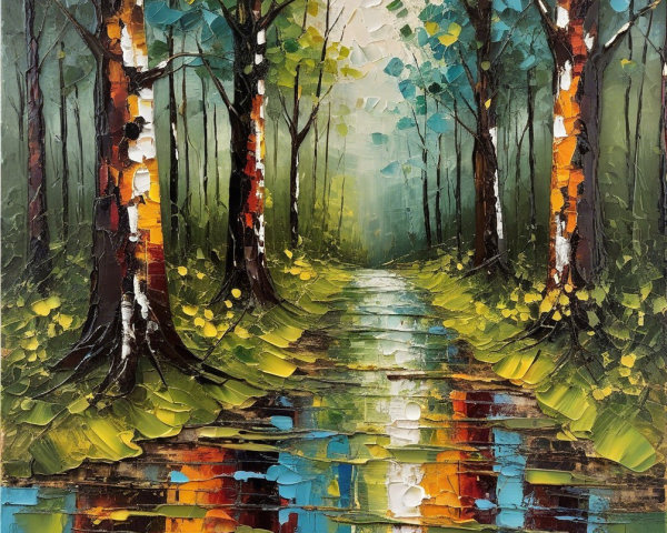 Vibrant Forest Scene with Textured Trees and Water