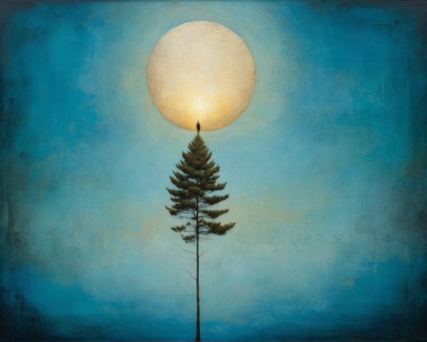 Solitary Tree Under Blue Sky with Glowing Sun