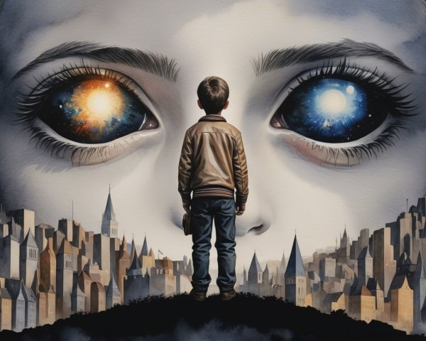 Young boy in front of giant cosmic face and skyline