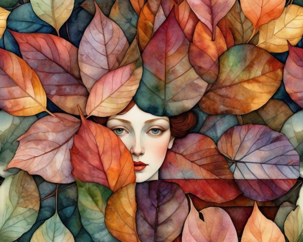 Serene Woman Hidden Among Vibrant Autumn Leaves