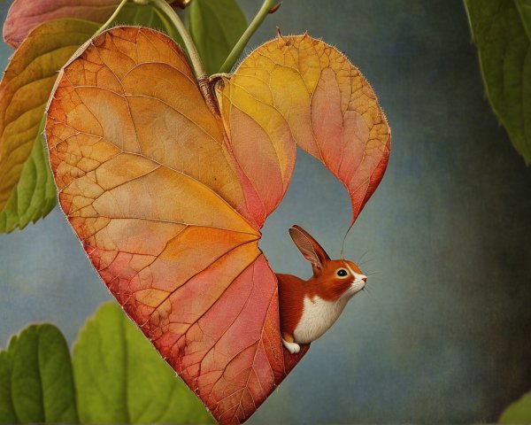 Newborn Bunny on Heart-Shaped Leaf with Blue Background