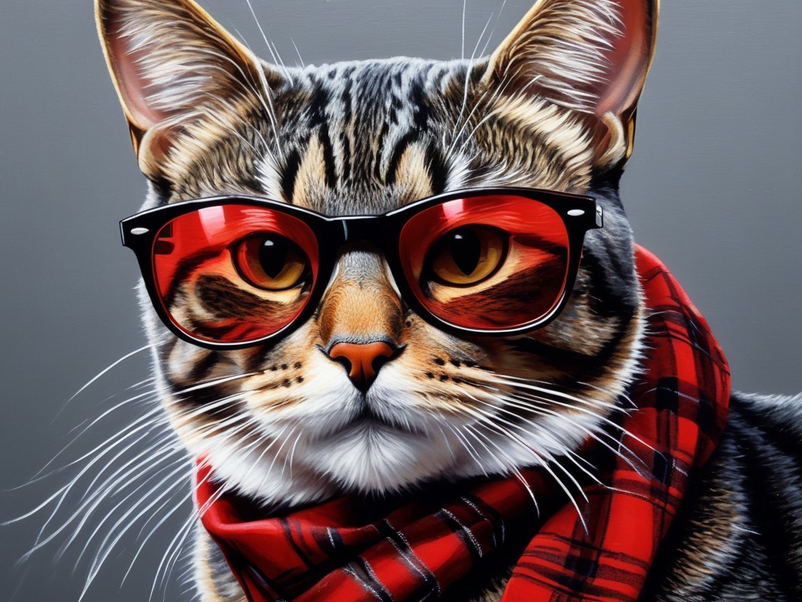 Stylish Tabby Cat with Red Glasses and Scarf
