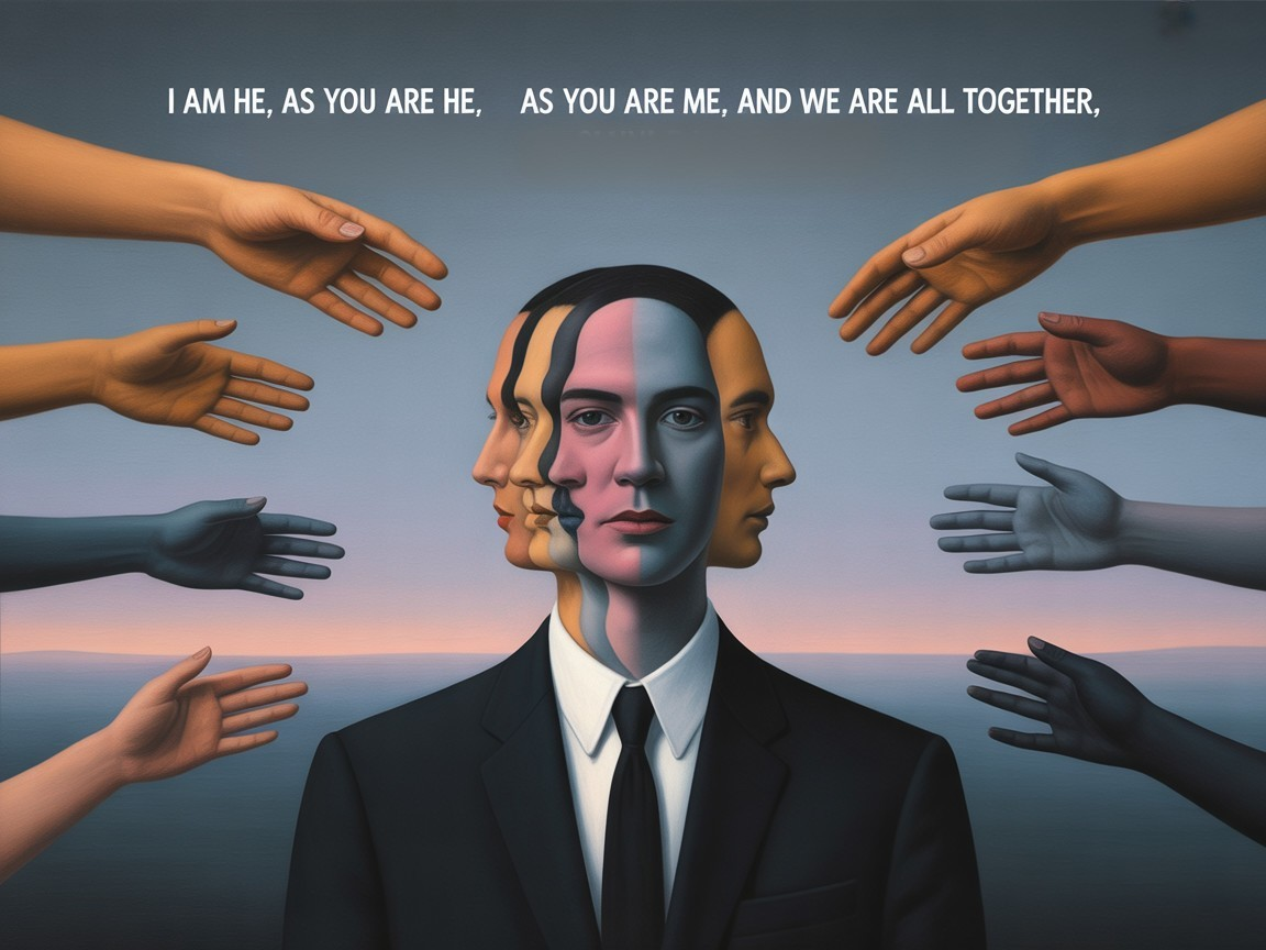 Central figure in suit with multiple faces and diverse hands