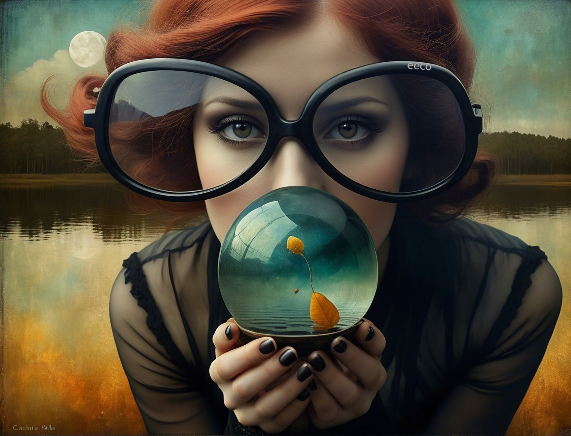 Woman with Red Hair and Glass Orb in Lakescape Scene