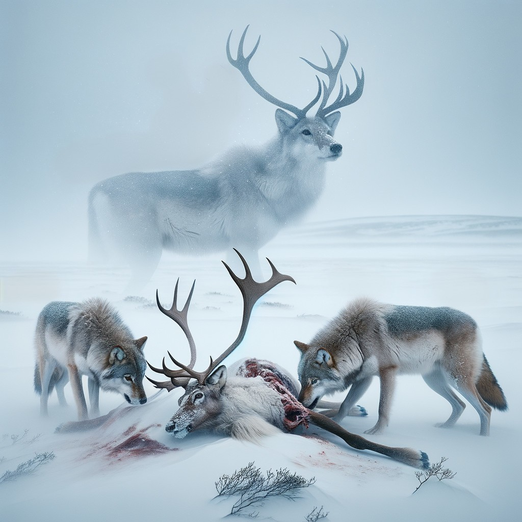 Wolves Feasting on Reindeer in Snowy Landscape
