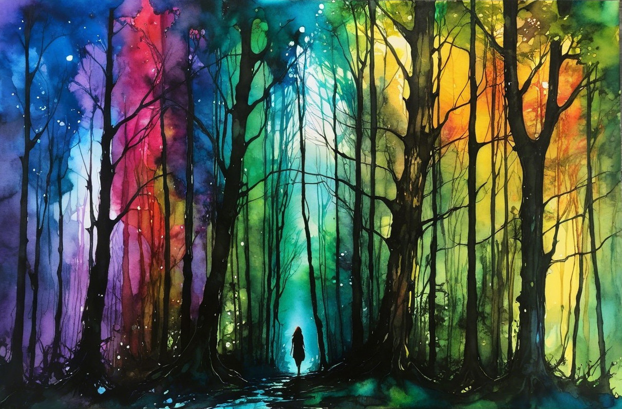 Vibrant Forest Scene with Colorful Silhouettes and Path