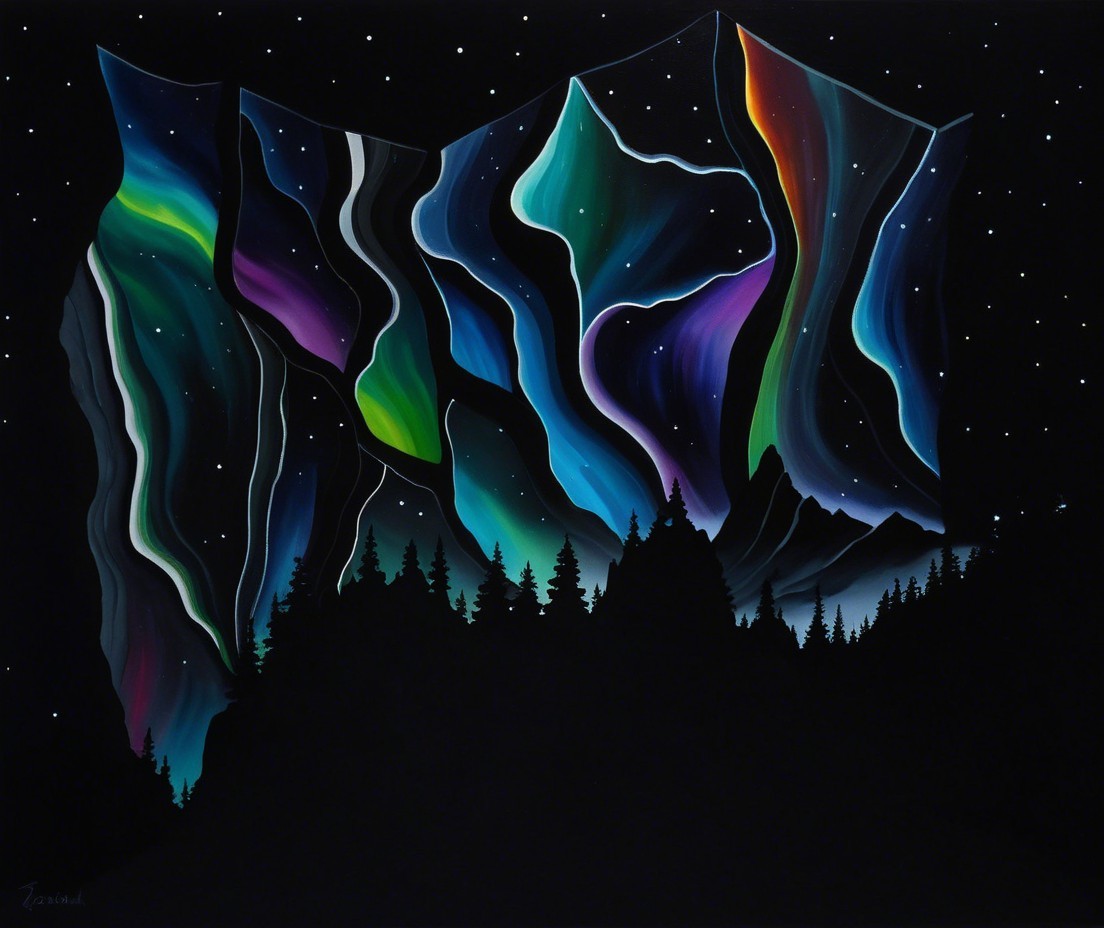 Vibrant Auroras in a Night Sky with Pine Silhouettes