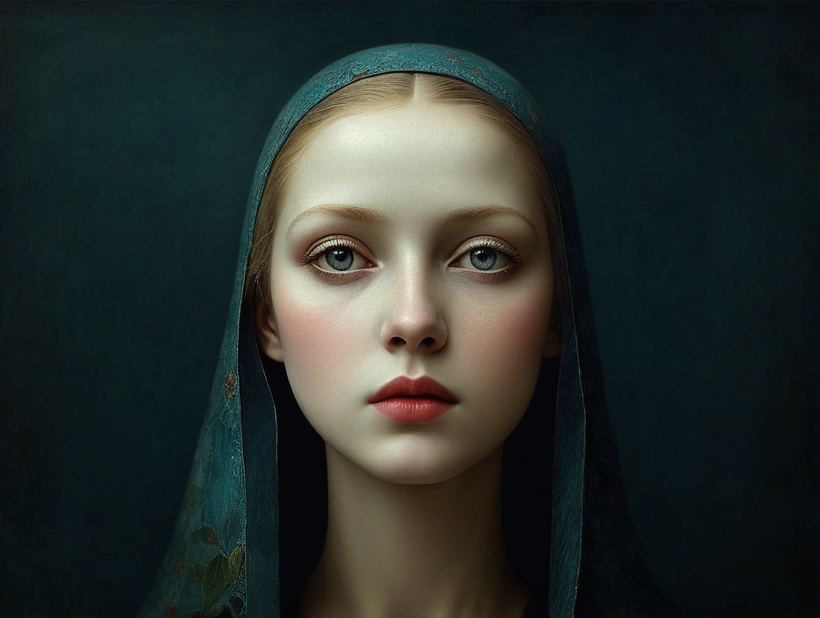 Young Woman in Deep Blue Headscarf Against Dark Background