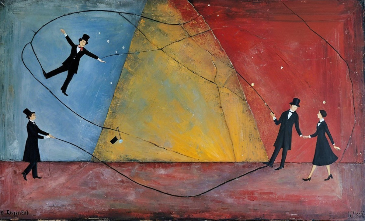 Whimsical Scene with Figures in Top Hats and Juggling