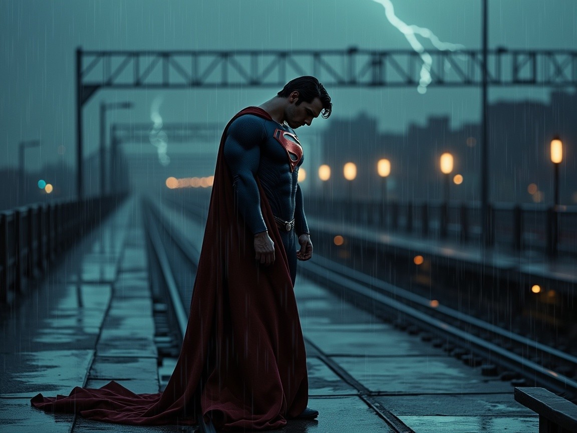 Brooding superhero on rain-soaked railway track