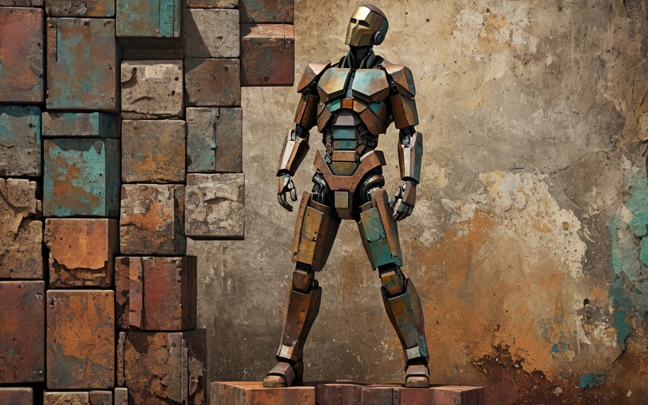 Stylized Robot Against Textured Multicolored Wall