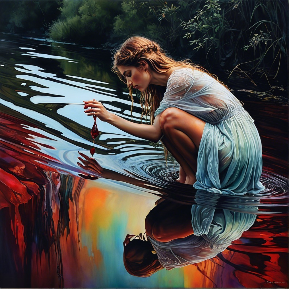 Young Woman by Tranquil River with Lush Greenery